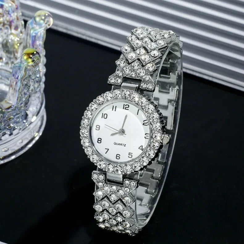 2pcs/set Luxury Female Brand Diamonds Watch Bracelet Women's Crystal Quartz Watches Ladies Dial Steel Wristwatch Trendy Clock