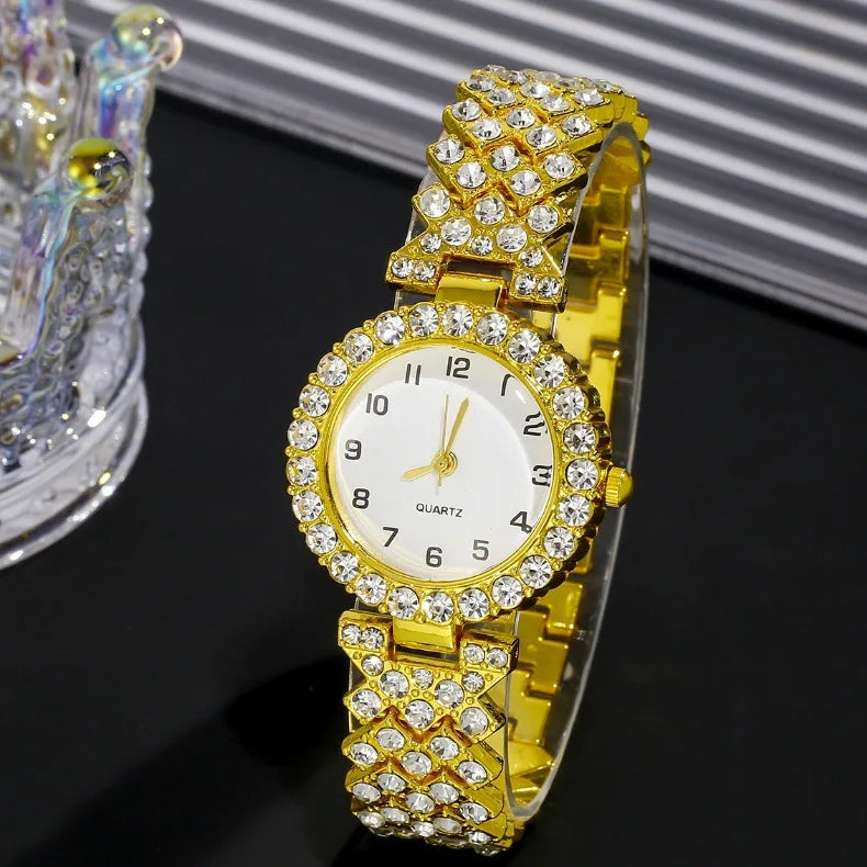 2pcs/set Luxury Female Brand Diamonds Watch Bracelet Women's Crystal Quartz Watches Ladies Dial Steel Wristwatch Trendy Clock
