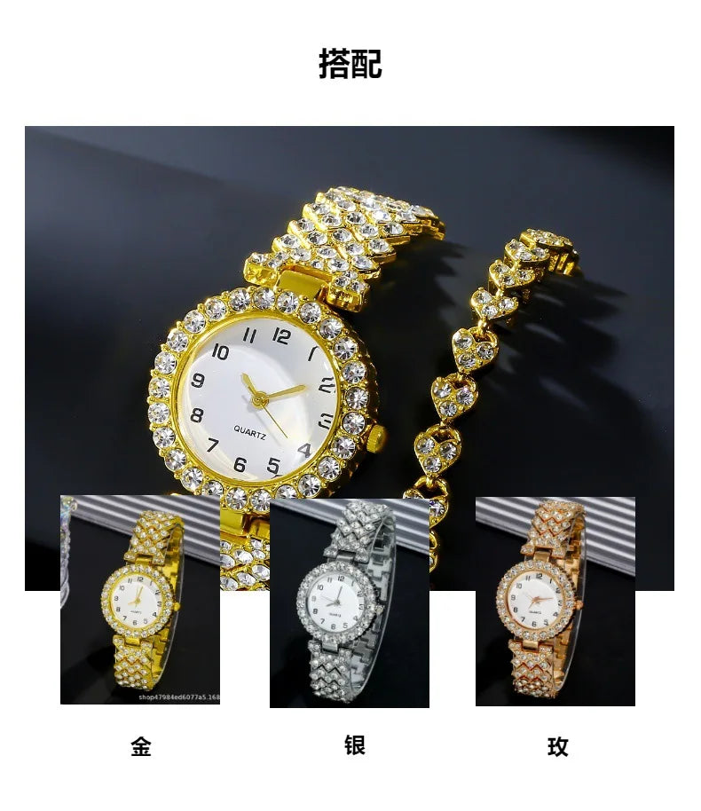 2pcs/set Luxury Female Brand Diamonds Watch Bracelet Women's Crystal Quartz Watches Ladies Dial Steel Wristwatch Trendy Clock
