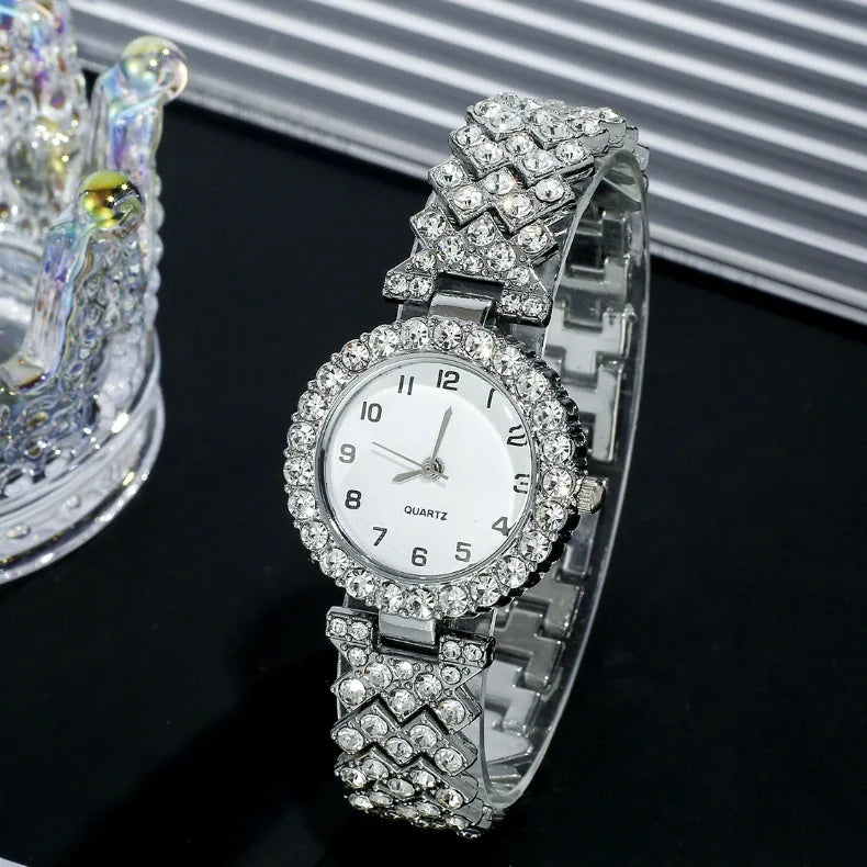 2pcs/set Luxury Female Brand Diamonds Watch Bracelet Women's Crystal Quartz Watches Ladies Dial Steel Wristwatch Trendy Clock
