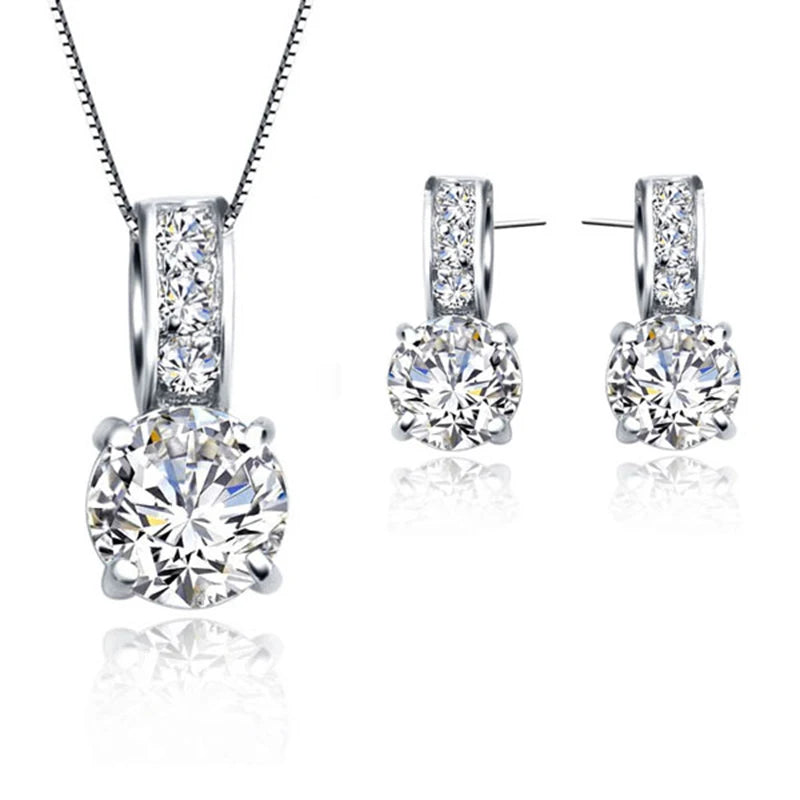 925 Sterling Silver Color Bridal Jewelry Set Classic Cubic Zircon Crystal Pendant Necklace Stud Earrings for Women Girls Gift