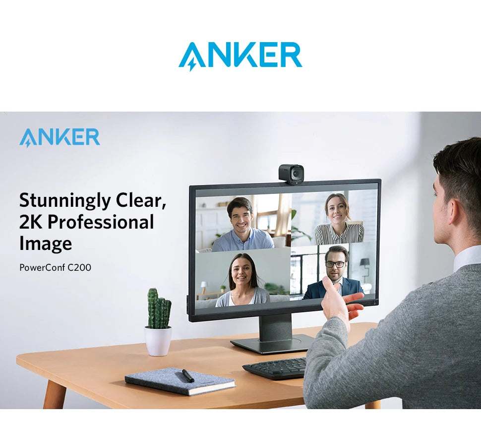 SHOP EASY™ Anker Power C200 2K Webcam for Laptop Computer mini USB web camera Noise Cancelling Stereo Microphones web cam
