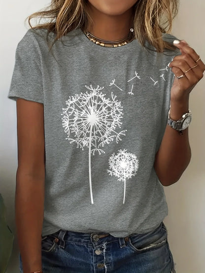 SHOP EASY™ Dandelion Print Crew Neck T-Shirt, Casual Short Sleeve Top