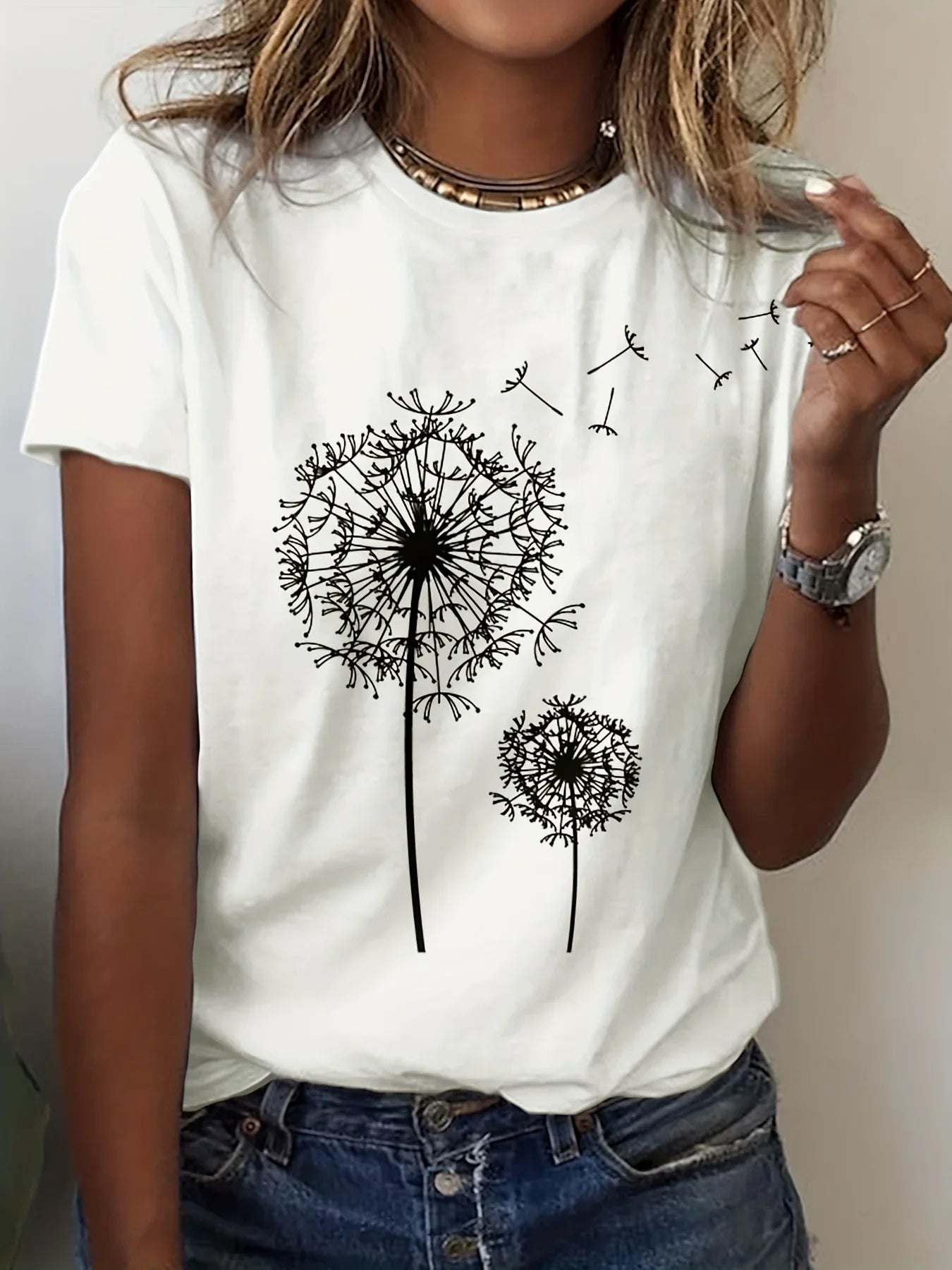 SHOP EASY™ Dandelion Print Crew Neck T-Shirt, Casual Short Sleeve Top