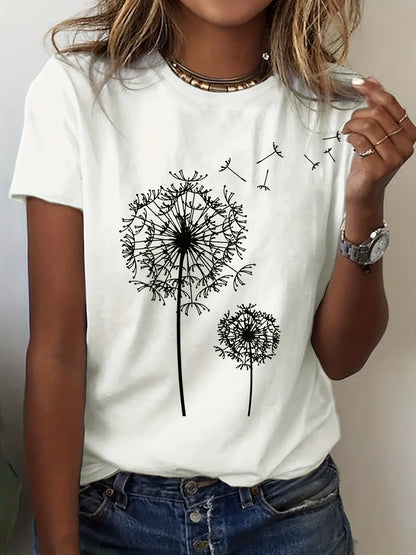 SHOP EASY™ Dandelion Print Crew Neck T-Shirt, Casual Short Sleeve Top