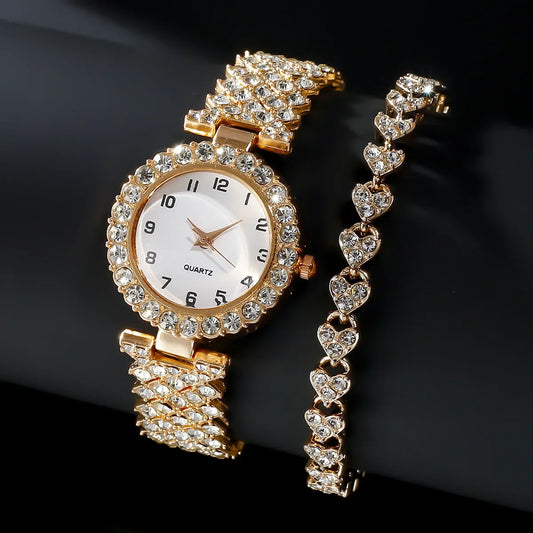 2pcs/set Luxury Female Brand Diamonds Watch Bracelet Women's Crystal Quartz Watches Ladies Dial Steel Wristwatch Trendy Clock