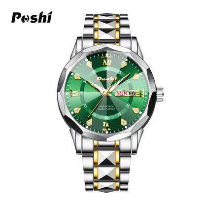 POSHI Men's Watch Date Week Fashion Watch Men Original Waterproof Non-mechanical Luminous Dual Calendar Quartz Wristwatch