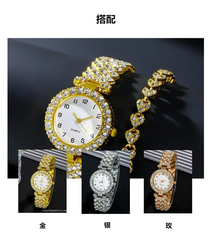 2pcs/set Luxury Female Brand Diamonds Watch Bracelet Women's Crystal Quartz Watches Ladies Dial Steel Wristwatch Trendy Clock
