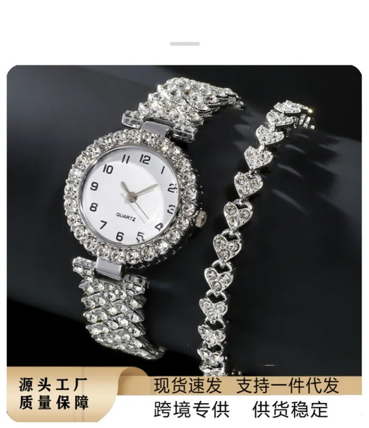 2pcs/set Luxury Female Brand Diamonds Watch Bracelet Women's Crystal Quartz Watches Ladies Dial Steel Wristwatch Trendy Clock
