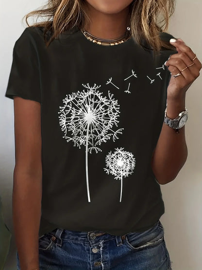 SHOP EASY™ Dandelion Print Crew Neck T-Shirt, Casual Short Sleeve Top