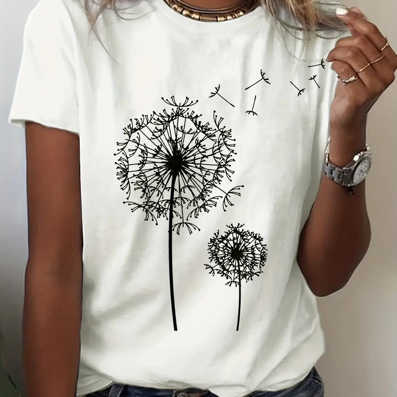SHOP EASY™ Dandelion Print Crew Neck T-Shirt, Casual Short Sleeve Top