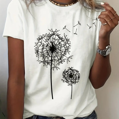 SHOP EASY™ Dandelion Print Crew Neck T-Shirt, Casual Short Sleeve Top