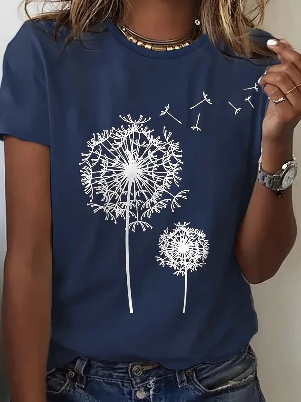 SHOP EASY™ Dandelion Print Crew Neck T-Shirt, Casual Short Sleeve Top