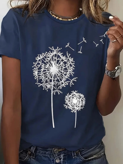 SHOP EASY™ Dandelion Print Crew Neck T-Shirt, Casual Short Sleeve Top