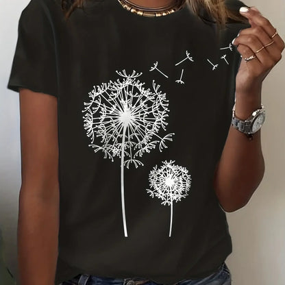 SHOP EASY™ Dandelion Print Crew Neck T-Shirt, Casual Short Sleeve Top